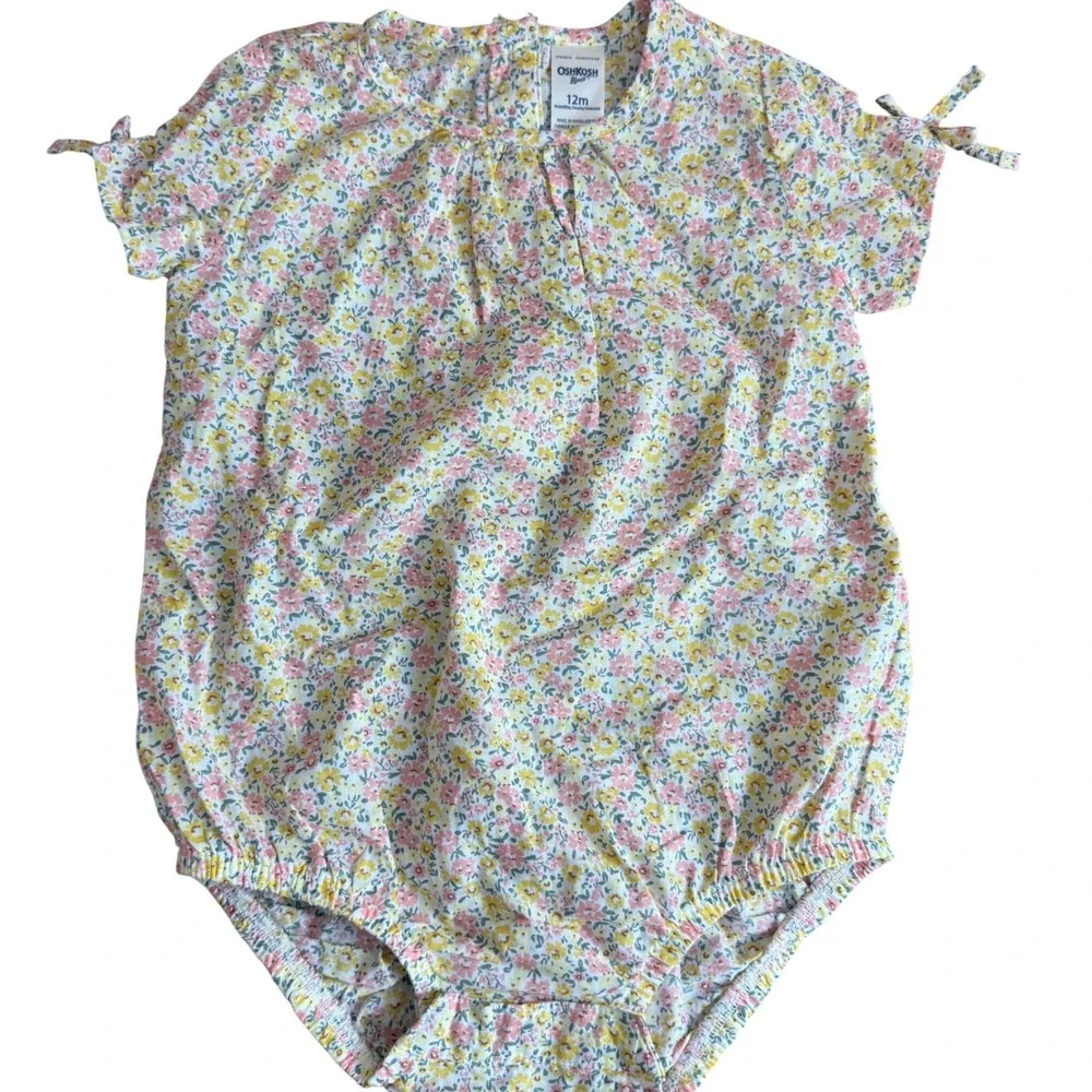 SALE OshKosh B'gosh Baby Girl 12m Floral Bubble Romper Short Sleeve‎ Tie Sleeve